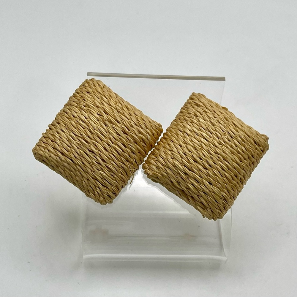 Rustic Jute Square Clip Earrings Statement Boho Vibe Neutral - Picture 3 of 16